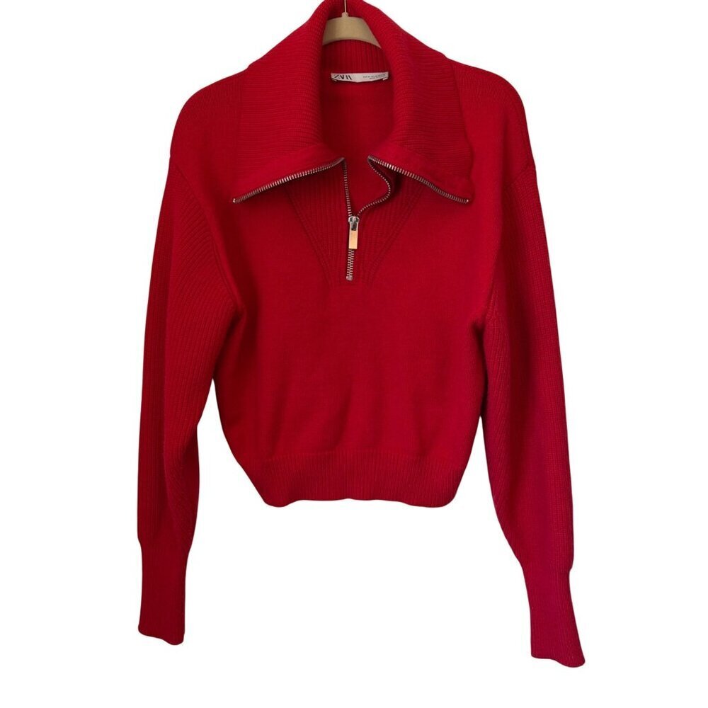 Zara Red Ribbed Knit Pullover Cropped Sweater With Zippered Funnel Collar Size M